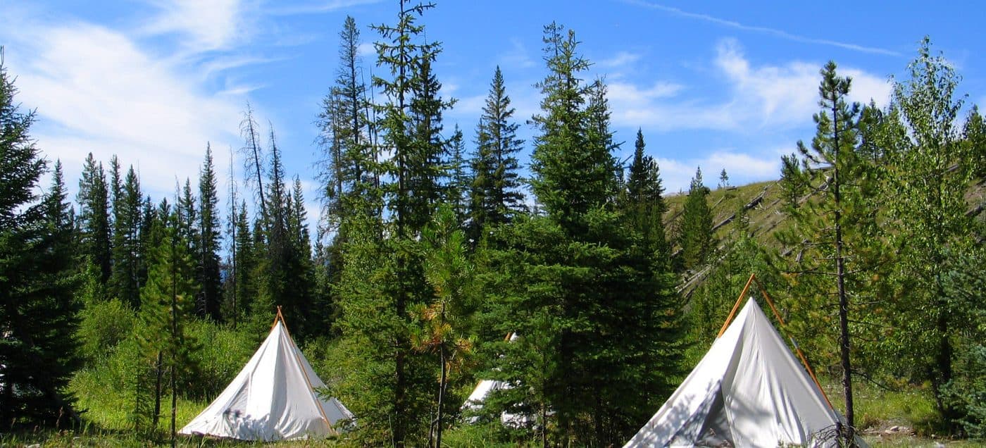 Outfitter wall tents pitched in a Montana mountain meadow